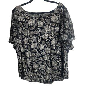 Lucky Brand Size 3X Dark Floral Blouse Flutter Sleeve Black Grey Boho Scoop Neck